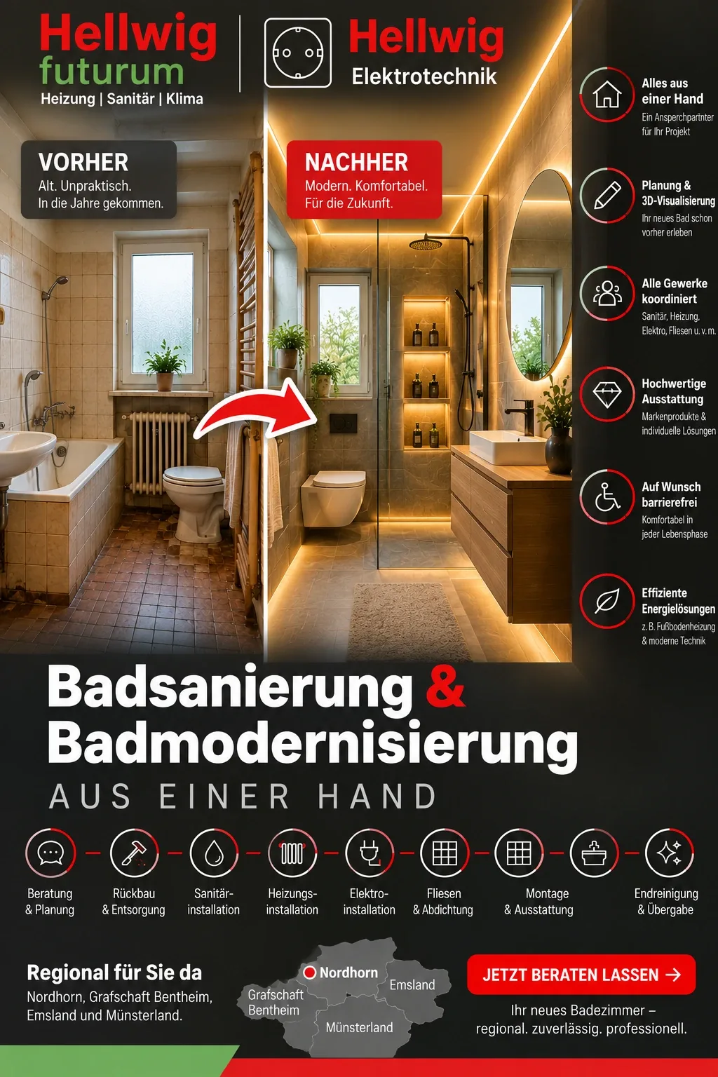 Badsanierung und Badmodernisierung aus einer Hand – Hellwig futurum GmbH aus Nordhorn.  Die Vorher-Nachher-Visualisierung zeigt die Verwandlung eines veralteten Badezimmers in ein modernes Wohlfühlbad