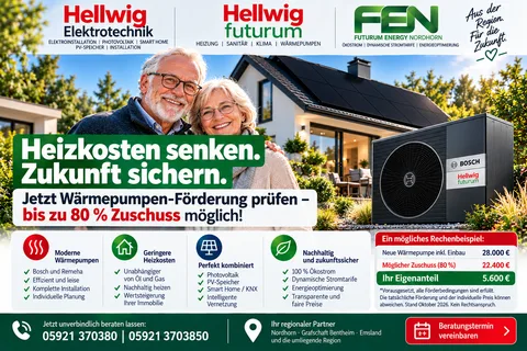 Heizkosten senken mit einer modernen Wärmepumpe: Hellwig futurum aus Nordhorn informiert Rentner, junge Familien und Eigenheimbesitzer über die KfW-Heizungsförderung von bis zu 80 %. Das Bild zeigt ei